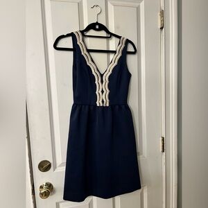 Lilly Pulitzer Rorey Navy Dress with Gold Detailing comes with gold sweater